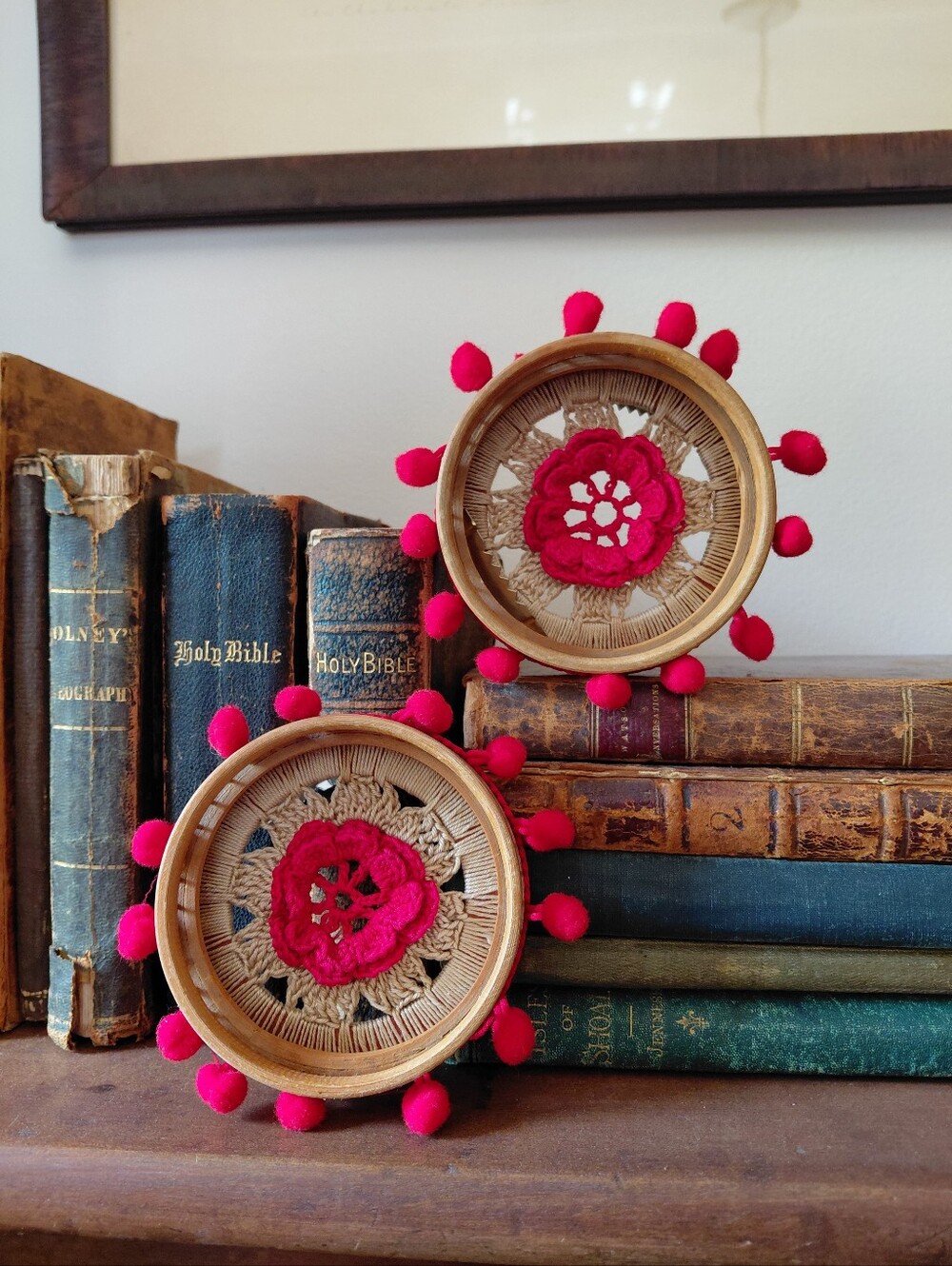 Vintage 70s unique groovy tan wood & red floral boho woven macrame wall art pair